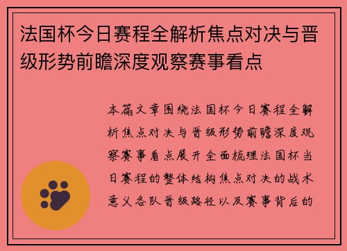 法国杯今日赛程全解析焦点对决与晋级形势前瞻深度观察赛事看点